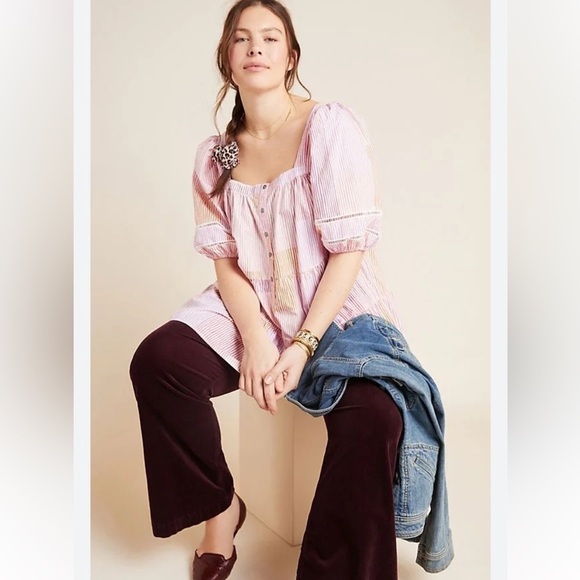 Anthropologie Maeve White Pink Orange Stripe Gable Tiered Tunic Top Small - Picture 2 of 16